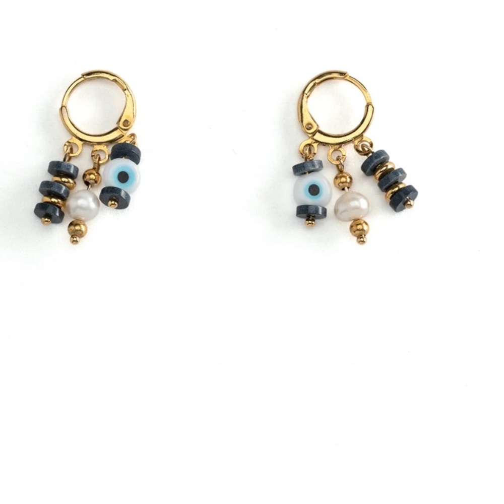 MAYAMAR 24K Gold Plated Evil Eye Beaded Earrings Huggies 1 inch approx Blue
